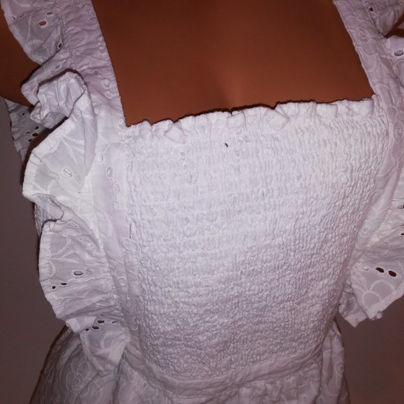Lulus Dress XS White Eyelet Ruffle Zip Up Smocked Front Adjustable Straps Length - Picture 6 of 13